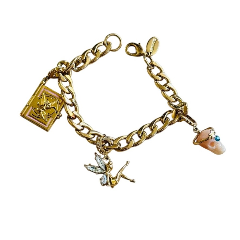 Disney Couture Story Book Tinker Bell Charm Bracelet Gold Plated Chain Crystal